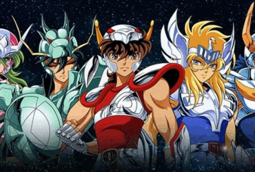 Imagem clássica de Cavaleiros do Zodíaco mostrando os cinco protagonistas: Shun de Andrômeda, Shiryu de Dragão, Seiya de Pégaso, Hyoga de Cisne e Ikki de Fênix.