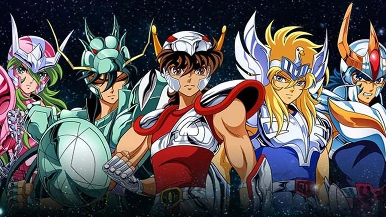 Imagem clássica de Cavaleiros do Zodíaco mostrando os cinco protagonistas: Shun de Andrômeda, Shiryu de Dragão, Seiya de Pégaso, Hyoga de Cisne e Ikki de Fênix.