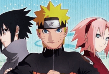 Naruto, Sasuke e Sakura em pose clássica do anime Naruto Shippuden.