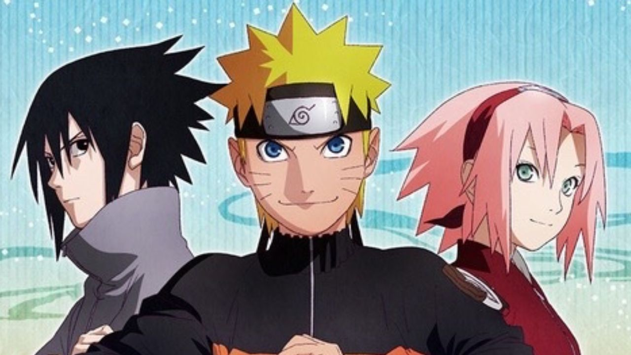 Naruto, Sasuke e Sakura em pose clássica do anime Naruto Shippuden.
