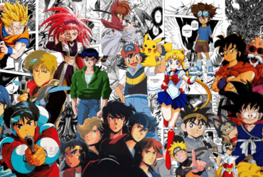 Montagem de personagens clássicos de animes que marcaram gerações no Brasil, incluindo Dragon Ball, Cavaleiros do Zodíaco, Pokémon, Yu Yu Hakusho e Naruto.
