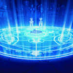Círculo de transmutação brilhando em azul com Edward e Alphonse Elric crianças em cena de Fullmetal Alchemist.