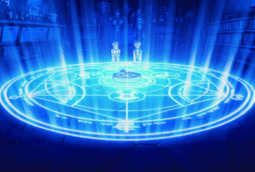 Círculo de transmutação brilhando em azul com Edward e Alphonse Elric crianças em cena de Fullmetal Alchemist.