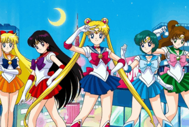 As guerreiras Sailor Moon em frente à cidade iluminada, representando os animes que marcaram a infância no Brasil.