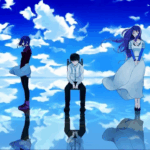 Arte de anime com personagens em um cenário refletido no céu azul, simbolizando emoção e nostalgia — ideal para ilustrar matérias sobre aberturas marcantes de animes.