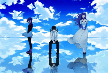 Arte de anime com personagens em um cenário refletido no céu azul, simbolizando emoção e nostalgia — ideal para ilustrar matérias sobre aberturas marcantes de animes.