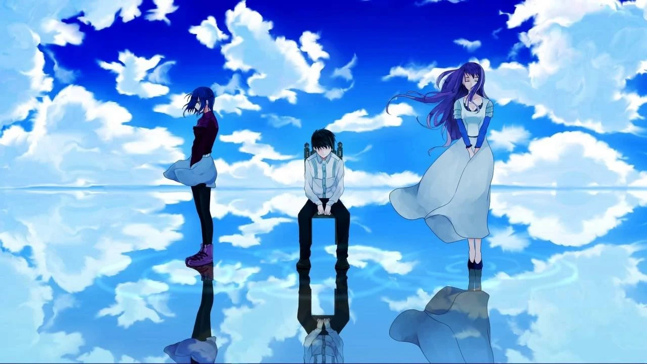 Arte de anime com personagens em um cenário refletido no céu azul, simbolizando emoção e nostalgia — ideal para ilustrar matérias sobre aberturas marcantes de animes.