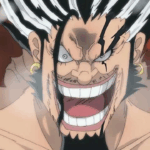 Vilão de One Piece em cena intensa, com olhar ameaçador e sorriso marcante, representando a tensão da saga final do anime.