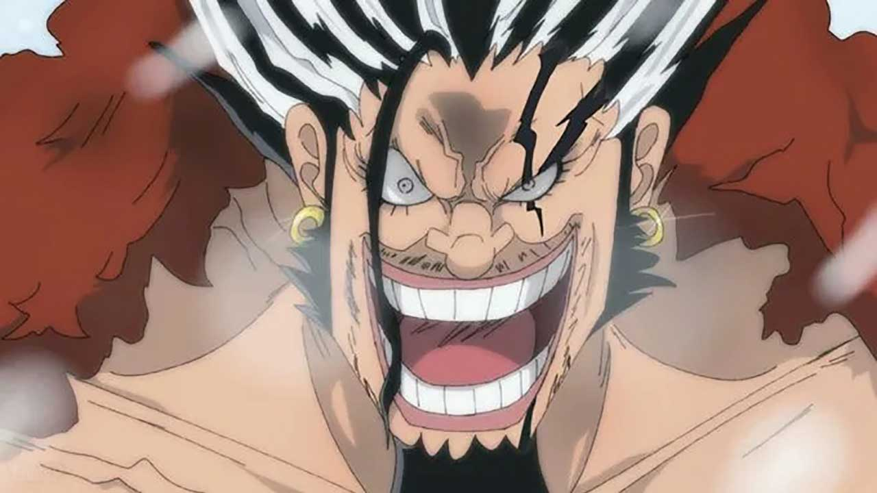 Vilão de One Piece em cena intensa, com olhar ameaçador e sorriso marcante, representando a tensão da saga final do anime.