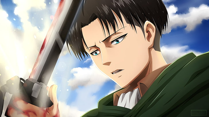 Levi Ackerman segurando sua lâmina ensanguentada em Attack on Titan, refletindo sobre o peso das batalhas e a perda de seus companheiros.