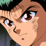 Yusuke Urameshi determinado em cena de Yu Yu Hakusho, com olhar firme e expressão marcada por batalhas.