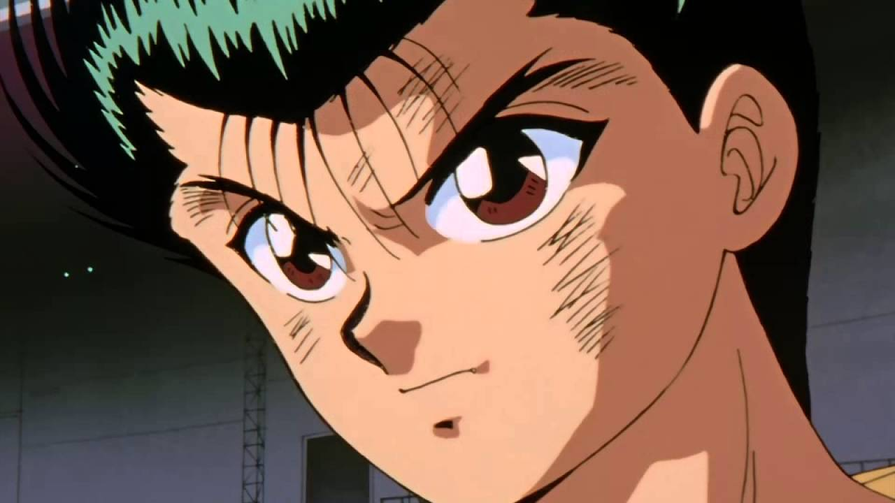 Yusuke Urameshi determinado em cena de Yu Yu Hakusho, com olhar firme e expressão marcada por batalhas.