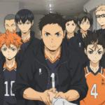 Equipe Karasuno em formação, personagens do anime Haikyuu!! prontos para a partida.