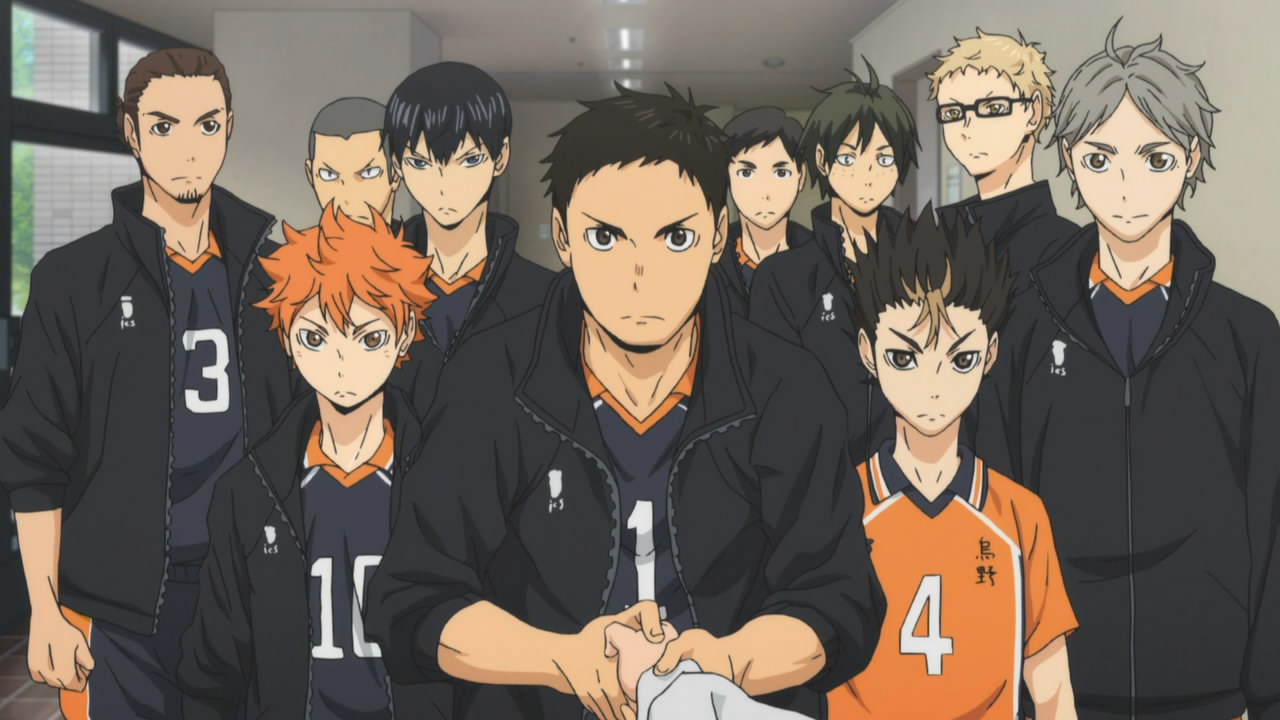 Equipe Karasuno em formação, personagens do anime Haikyuu!! prontos para a partida.
