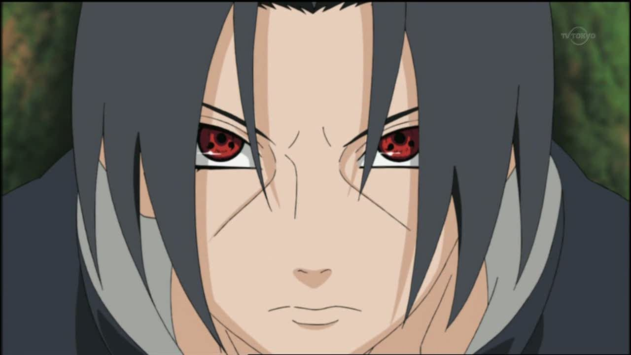 Itachi Uchiha ativando o Sharingan em Naruto, cena marcante do clã Uchiha.