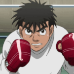 Makunouchi Ippo treinando com luvas vermelhas no ringue em Hajime no Ippo.