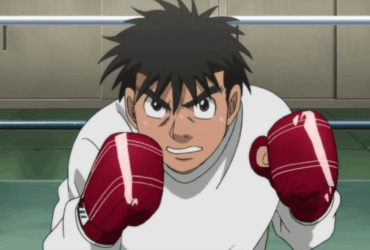Makunouchi Ippo treinando com luvas vermelhas no ringue em Hajime no Ippo.