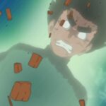 Cena de Rock Lee ativando os Oito Portões Internos em Naruto, com expressão determinada e energia emanando de seu corpo.