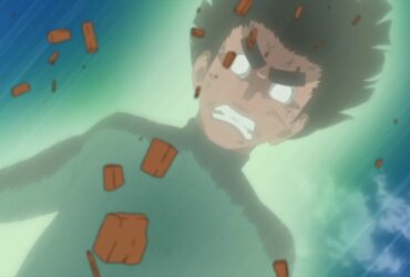 Cena de Rock Lee ativando os Oito Portões Internos em Naruto, com expressão determinada e energia emanando de seu corpo.