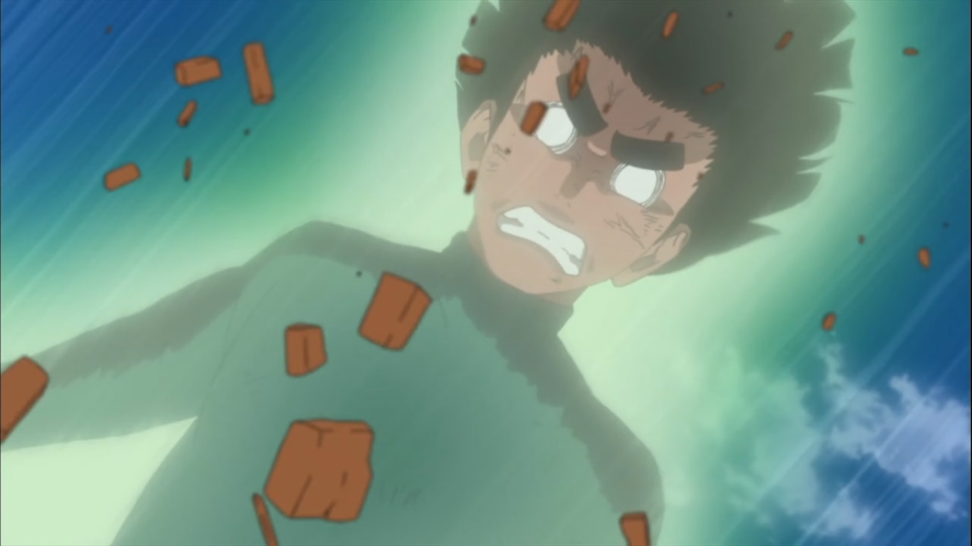 Cena de Rock Lee ativando os Oito Portões Internos em Naruto, com expressão determinada e energia emanando de seu corpo.