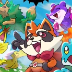 Arte promocional colorida do jogo Shard Squad, mostrando monstrinhos carismáticos em estilo cartunesco, incluindo um guaxinim sorridente de capa vermelha, um gato elétrico amarelo, um lobo de folhas verdes, uma criatura cristalina roxa e um sapo azul animado.