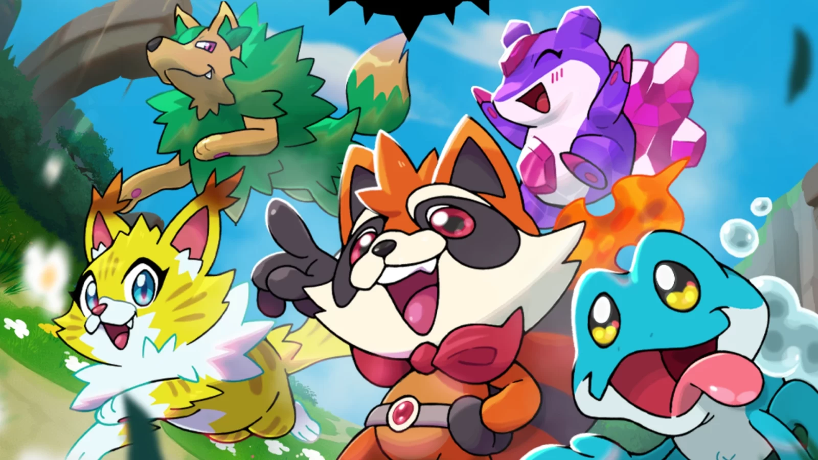 Arte promocional colorida do jogo Shard Squad, mostrando monstrinhos carismáticos em estilo cartunesco, incluindo um guaxinim sorridente de capa vermelha, um gato elétrico amarelo, um lobo de folhas verdes, uma criatura cristalina roxa e um sapo azul animado.