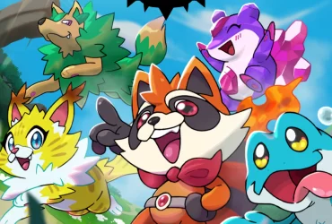 Arte promocional colorida do jogo Shard Squad, mostrando monstrinhos carismáticos em estilo cartunesco, incluindo um guaxinim sorridente de capa vermelha, um gato elétrico amarelo, um lobo de folhas verdes, uma criatura cristalina roxa e um sapo azul animado.