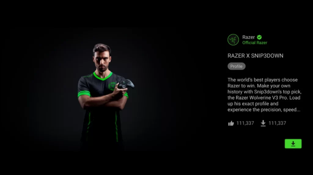 Jogador profissional de eSports segura um controle Razer Wolverine V3 Pro em uma campanha da Razer. Ao lado, texto apresenta a parceria “Razer X Snip3down” com opção de baixar o perfil de configuração do atleta.