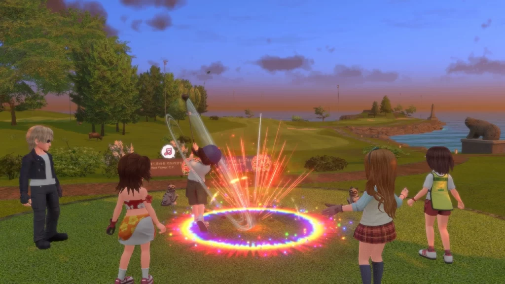 Cena de gameplay de Everybody’s Golf Hot Shots mostrando um personagem realizando uma tacada com efeitos visuais brilhantes e coloridos, enquanto outros jogadores assistem em um campo próximo ao mar.