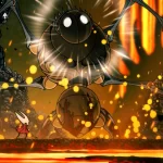 Cena de Hollow Knight: Silksong mostrando a personagem Hornet enfrentando um chefe gigante em um cenário cheio de fogo e lava.