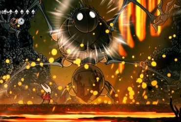 Cena de Hollow Knight: Silksong mostrando a personagem Hornet enfrentando um chefe gigante em um cenário cheio de fogo e lava.