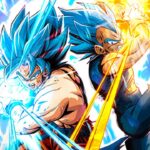 Arte promocional de Dragon Ball Super mostrando Goku e Vegeta em Super Saiyajin Blue em pleno combate.
