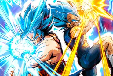 Arte promocional de Dragon Ball Super mostrando Goku e Vegeta em Super Saiyajin Blue em pleno combate.