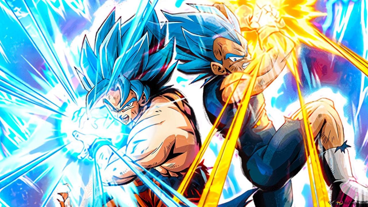 Arte promocional de Dragon Ball Super mostrando Goku e Vegeta em Super Saiyajin Blue em pleno combate.
