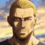 Thorfinn adulto em Vinland Saga, com expressão séria ao pôr do sol.