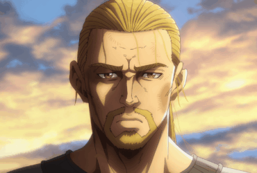 Thorfinn adulto em Vinland Saga, com expressão séria ao pôr do sol.