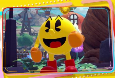 Imagem do remake PAC-MAN WORLD 2 Re-PAC mostrando o personagem Pac-Man em um ambiente colorido com árvores, moinho de vento e flores.