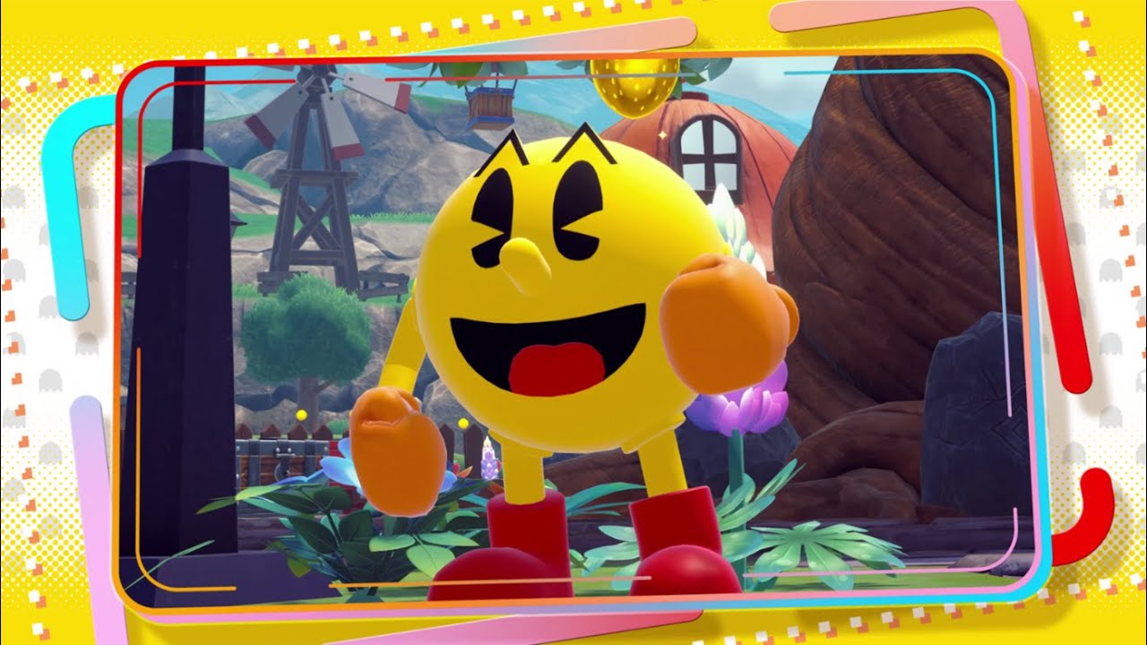 Imagem do remake PAC-MAN WORLD 2 Re-PAC mostrando o personagem Pac-Man em um ambiente colorido com árvores, moinho de vento e flores.
