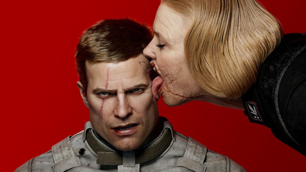 Mulher lambe o rosto de soldado em Wolfenstein II: The New Colossus