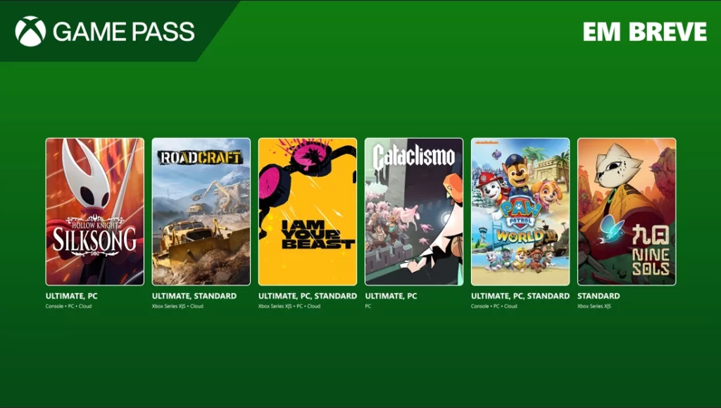 Imagem promocional do Xbox Game Pass mostrando os jogos de setembro de 2025: Hollow Knight Silksong, RoadCraft, I Am Your Beast, Cataclismo, PAW Patrol World e Nine Sols.