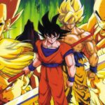 Ilustração de Dragon Ball Z mostrando Goku em sua forma base no centro, cercado por suas transformações Super Sayajin com auras douradas e cabelos espetados em tons de amarelo e laranja