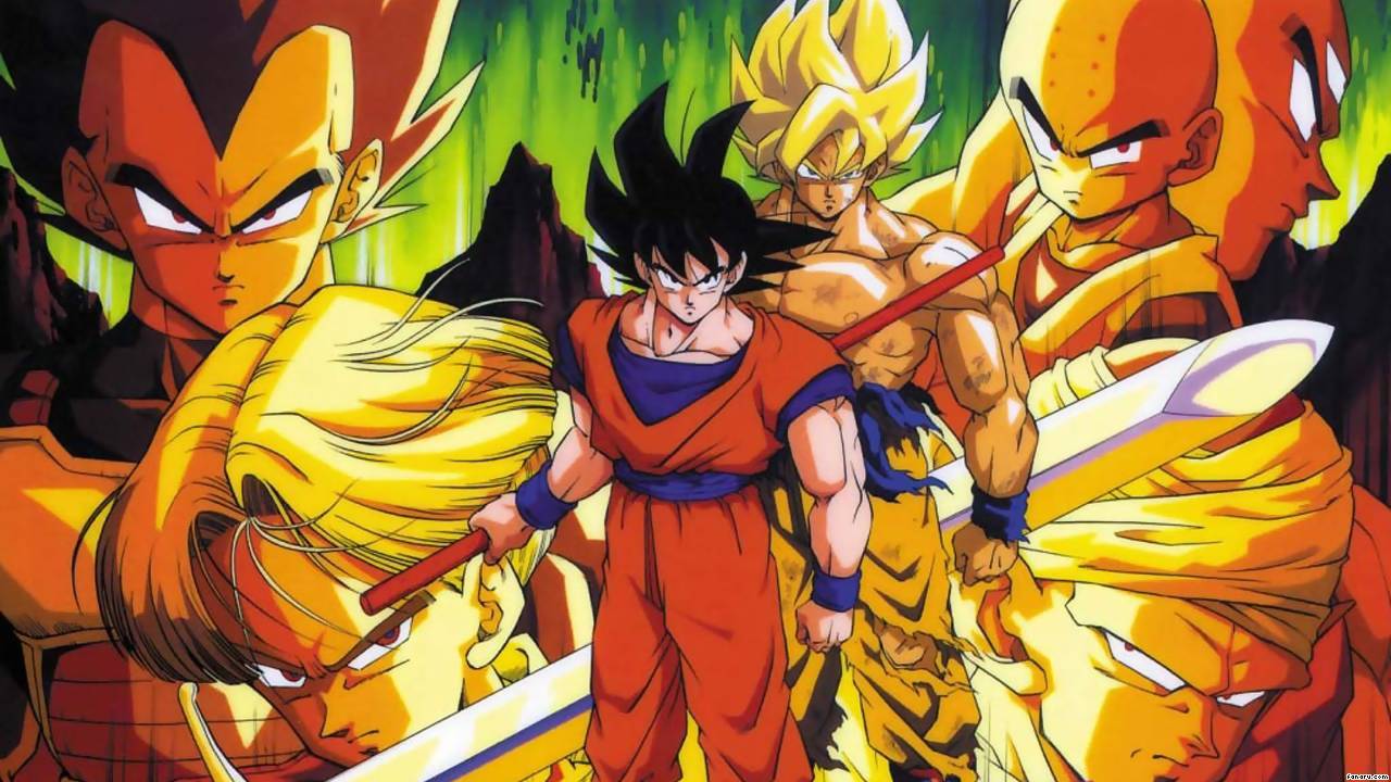 Ilustração de Dragon Ball Z mostrando Goku em sua forma base no centro, cercado por suas transformações Super Sayajin com auras douradas e cabelos espetados em tons de amarelo e laranja