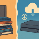 Ilustração retrô mostrando o contraste entre a mídia física dos videogames clássicos e a era digital moderna, com cartuchos e CDs à esquerda e um console moderno conectado à nuvem à direita.
