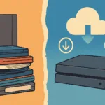 Ilustração retrô mostrando o contraste entre a mídia física dos videogames clássicos e a era digital moderna, com cartuchos e CDs à esquerda e um console moderno conectado à nuvem à direita.