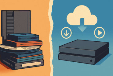 Ilustração retrô mostrando o contraste entre a mídia física dos videogames clássicos e a era digital moderna, com cartuchos e CDs à esquerda e um console moderno conectado à nuvem à direita.