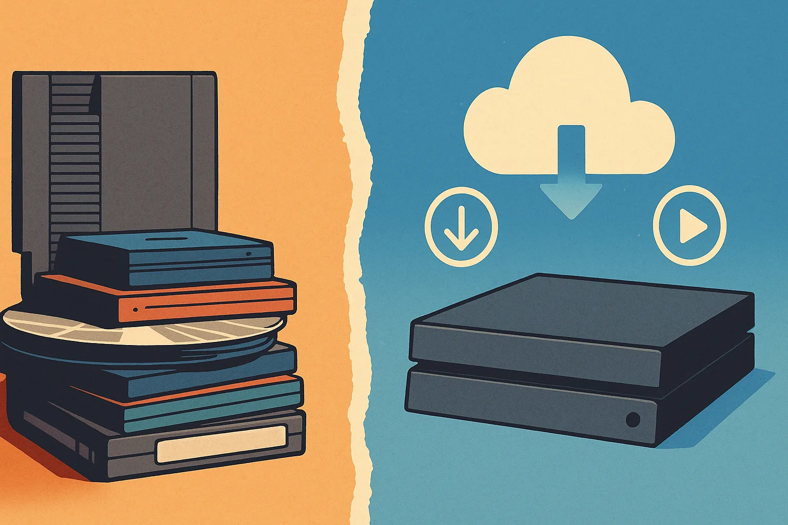 Ilustração retrô mostrando o contraste entre a mídia física dos videogames clássicos e a era digital moderna, com cartuchos e CDs à esquerda e um console moderno conectado à nuvem à direita.