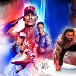 Montagem com diferentes versões de John Cena e Roman Reigns em destaque na arte oficial do DLC Farewell Tour Pack de WWE 2K25.