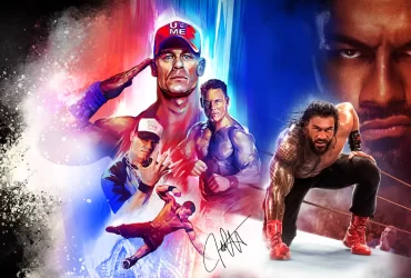 Montagem com diferentes versões de John Cena e Roman Reigns em destaque na arte oficial do DLC Farewell Tour Pack de WWE 2K25.