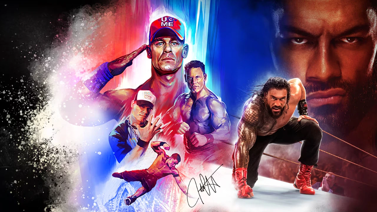 Montagem com diferentes versões de John Cena e Roman Reigns em destaque na arte oficial do DLC Farewell Tour Pack de WWE 2K25.