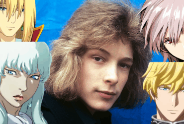 oto de Bjorn Andrésen jovem ao centro, cercado por ilustrações de quatro personagens de anime com características visuais similares: cabelos loiros ou prateados, olhos claros e traços delicados, representando o arquétipo bishōnen que ele inspirou.